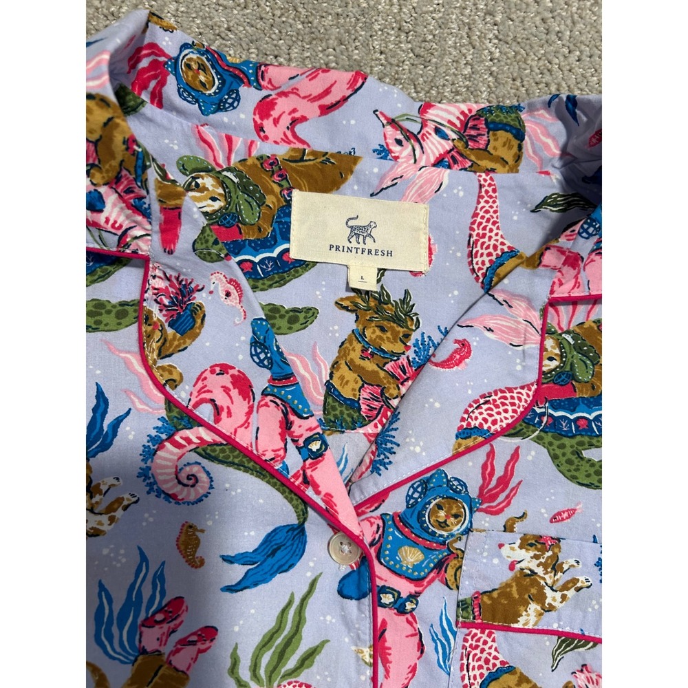 Printfresh Mermaid Dog Astronaut Pajama Set Women's L Blue Pink Organic Cotton - Picture 2 of 4